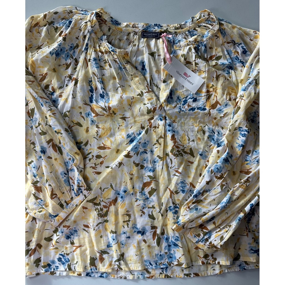Vineyard Vines Martha Floral V-Neck Blouse Yellow Blue NWT Medium